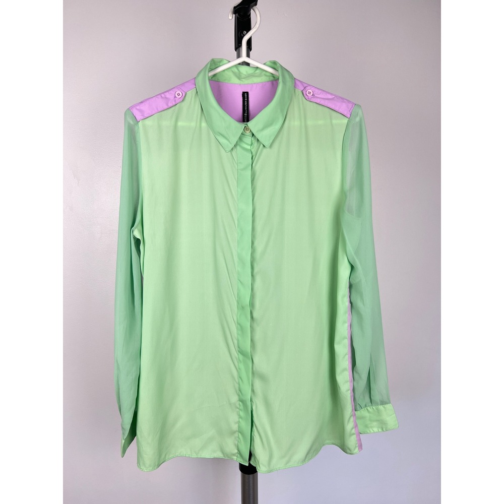 W118 by Walter Baker Colorblock Sheer Blouse Mint Green Lilac Purple Small